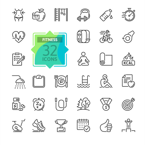 Web Set of Fittness Vector Thin Line Icons. Contains such Icons as Healthy Lifestyle, Weight Training, Body care and more. Outline icons collection. Simple vector illustration. - Vector, Image