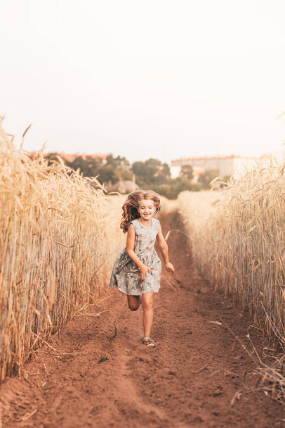 A happy little girl runs through a wheat field in the summer on a sunny day. Summertime. Summer vacation. Happy childhood. Positive emotions and energy - Photo, Image