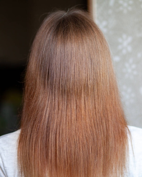 Ein Mädchen mit langen, glatten und schönen braunen Haaren. Haarpflege zu Hause. - Foto, Bild