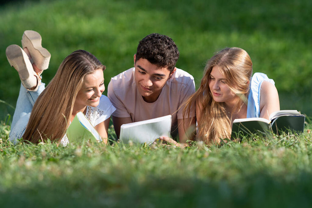 多民族の幸せな学生が一緒に草の上に横たわって学ぶ。青年期のチームワーク. - 写真・画像