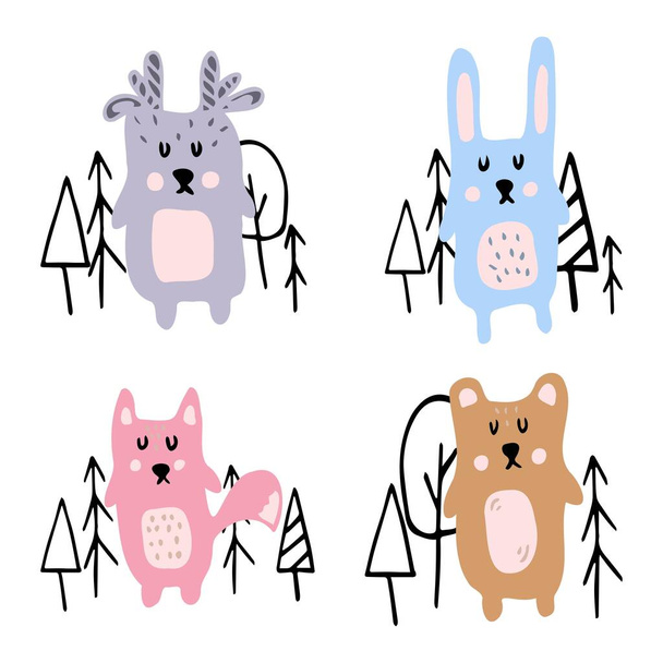 Childrens hand-drawn set of forest animals. Cute forest animals. A set of deer, hare, bear and fox. The set is suitable for prints and postcards. - Вектор, зображення