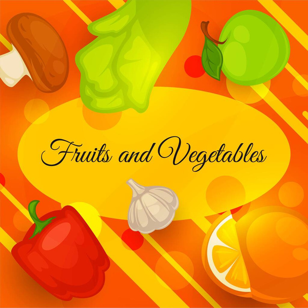 Healthy food and eating, nutrition and lifestyle. Fruits and vegetables for balanced dieting. Garlic and apple, orange fruit slice, mushroom and salads leaves for detox. Vector in flat style - Διάνυσμα, εικόνα