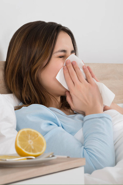 Sick Woman With Cold In Winter. Nose Rhinitis Medication - Фото, зображення