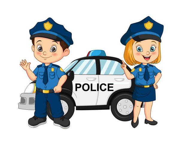 Illustrazione vettoriale di bambini della polizia del fumetto in piedi vicino alla macchina della polizia - Vettoriali, immagini