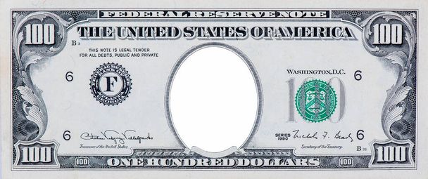 Borrar patrón de billetes de 100 dólares, frontera de cien dólares con área media vacía, billete de 100 dólares altamente detallado. sobre un fondo blanco. - Foto, Imagen