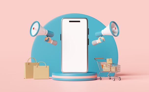mobile phone,smartphone with blue stage podium,cart,goods cardboard box,shopping paper bag,megaphone,hand speaker isolated on pink.online shopping summer sale,concept 3d illustration,3d render - Photo, Image