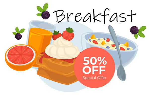 Breakfast discount 50 percent off reduction in bistro. Dessert with creamy mousse and strawberry, cereals with milk, juice and blueberries with grapefruit. Promotional banner, menu of cafe vector - ベクター画像