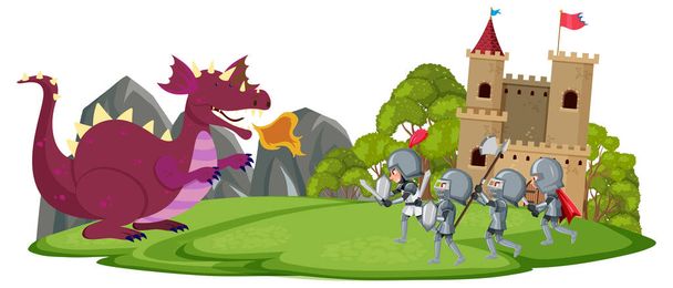 Kale illüstrasyonunda şövalyeler ejderhalarla kavga eder. - Vektör, Görsel