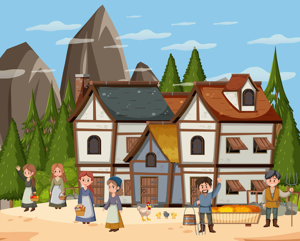 村人イラスト付き中世の町のシーン - ベクター画像