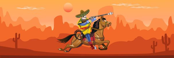 désert sauvage ouest américain et cavalier mexicain - Vecteur, image