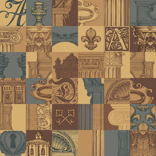 Abstract seamless pattern in vintage style with hand-drawn architectural fragments. Colored vector background on theme of ancient architecture and art. Wallpaper, wrapping paper or fabric design - Vecteur, image