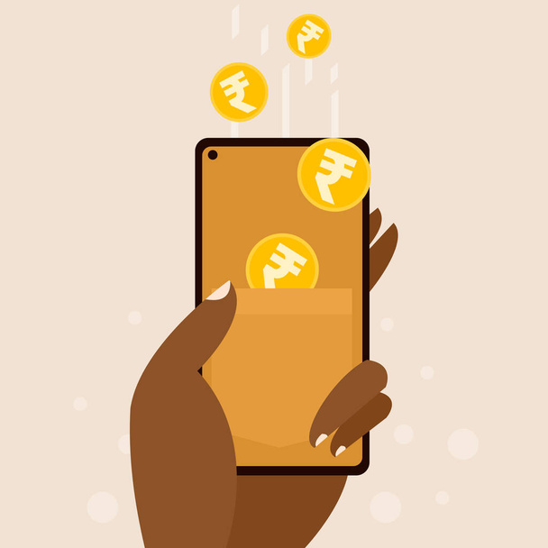 Koncepcyjna ilustracja otrzymywania płatności gotówkowych za pośrednictwem telefonów komórkowych - Wektor, obraz