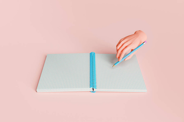 gridded notebook with an abstract hand writing on it. minimalistic concept of education, studying, back to school and ideas. 3d rendering - Photo, image