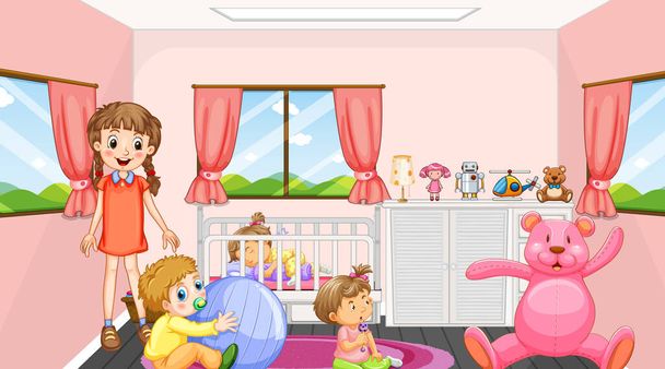 ピンクベッドルームシーンとともに女の子と赤ちゃんイラスト - ベクター画像