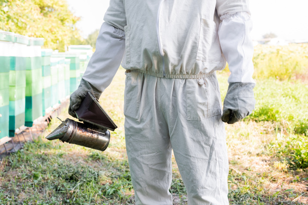 καλλιεργημένη άποψη μελισσοκόμου με προστατευτική στολή που κρατά καπνιστή μέλισσα στο μελισσοκομείο - Φωτογραφία, εικόνα