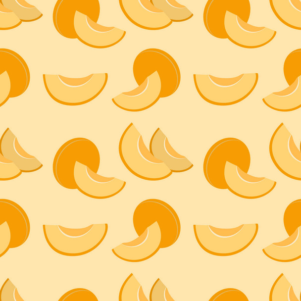 Бесшовный рисунок с абрикосовыми ломтиками на жёлтом фоне, фруктовый узор в монохромном. Дизайн ткани, текстиля, оберточной бумаги, обоев, фона - Вектор,изображение