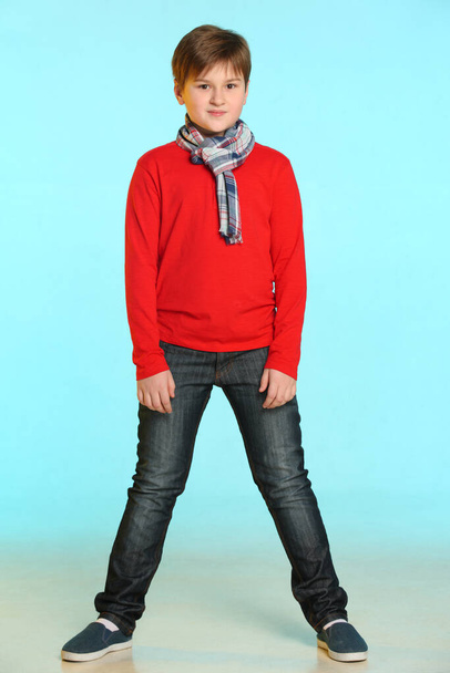 Fashionable and handsome teenage boy wearing a red sweater and plaid scarf. He poses in full height and looks eye to eye. - Foto, Bild