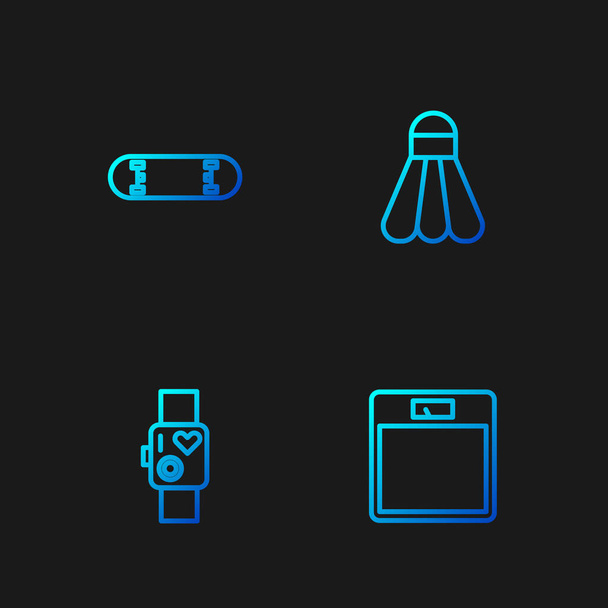 Set line Koupelnové váhy, Chytré hodinky ukazující tep srdce, Skateboard trik a Badminton shuttlecock. Barevné ikony přechodu. Vektor - Vektor, obrázek