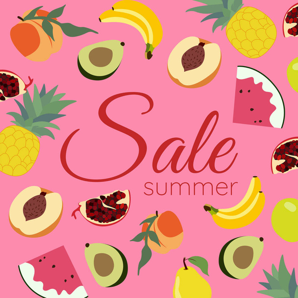 Vector set of fruits for summer sale. Avocado, pineapple, banana, watermelon, peach, pear, apple, yellow background, fruit, farm, market, shop - Vetor, Imagem