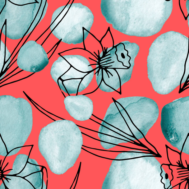 Kreatives, nahtloses Muster mit Linienkunstblumen und Blättern auf Aquarellflecken. Trendiger abstrakter moderner Vintage-Druck. - Foto, Bild