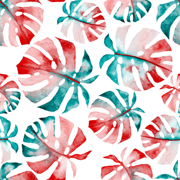 Aquarel naadloos patroon met kleurrijke abstracte tropische bladeren. Heldere zomerse print met exotische planten. Creatief trendy botanisch textiel design. - Foto, afbeelding