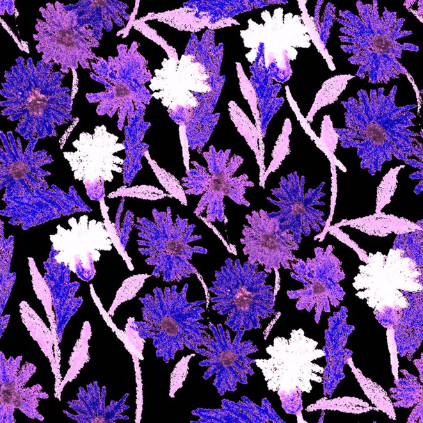 Motif créatif sans couture avec des fleurs abstraites dessinées avec des crayons de cire. Impression florale colorée lumineuse. - Photo, image