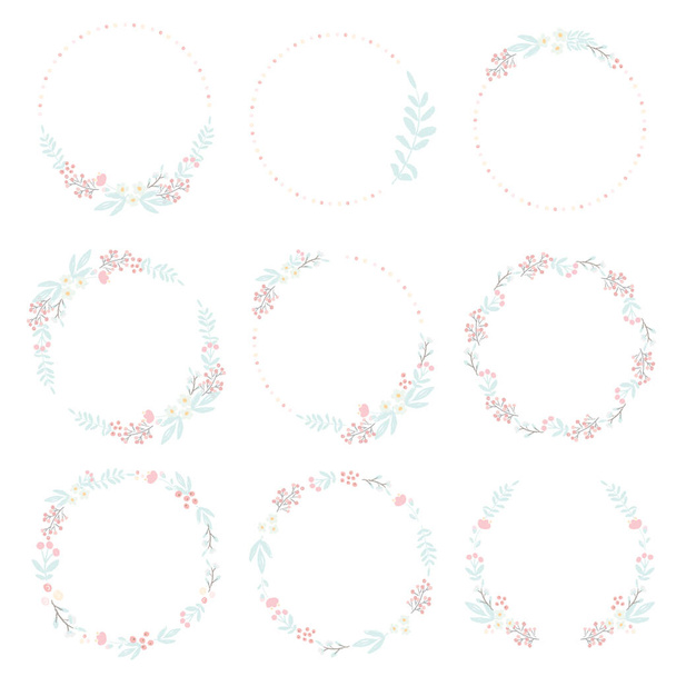 cute hand draw style pastel pink and blue spring tiny little flower and leaf wreath collection - Vecteur, image