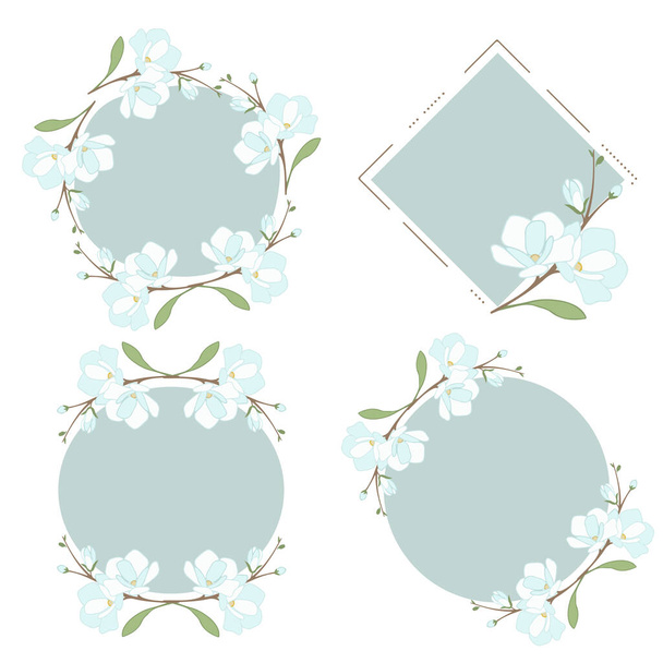 white blue magnolia or jasmine wreath frame collection flat style - Vektor, kép