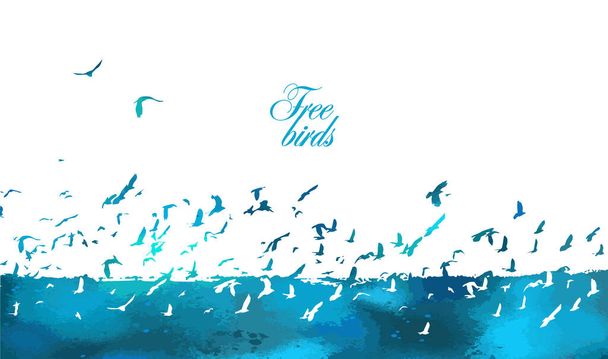 Een zwerm blauwe vogels. Vectorillustratie - Vector, afbeelding