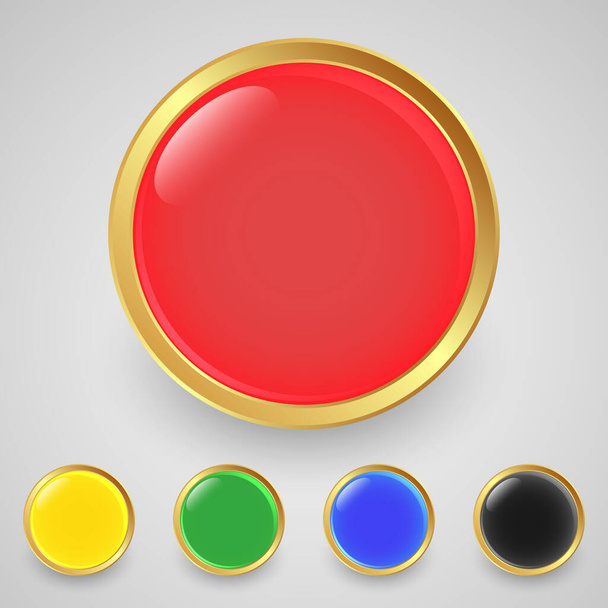 A set of five round buttons with a lens flashes and a golden border. Red, yellow, green, blue and black colors. 3 D. Vector illustration. - Vetor, Imagem
