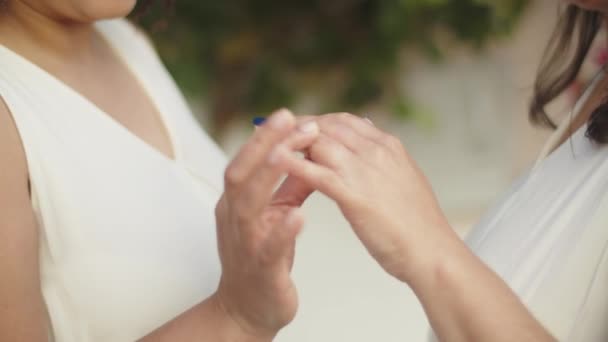 Primer plano de las manos de las novias lesbianas durante la ceremonia de boda - Metraje, vídeo