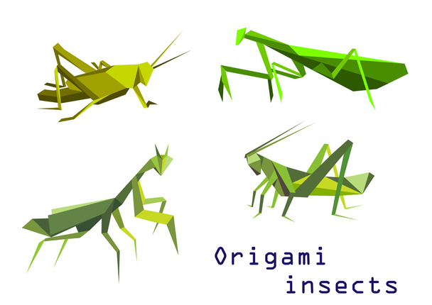 grüne Origami-Heuschrecken und Gottesanbeterinnen - Vektor, Bild