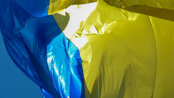 ウクライナの黄色と青の旗が風になびく - 写真・画像