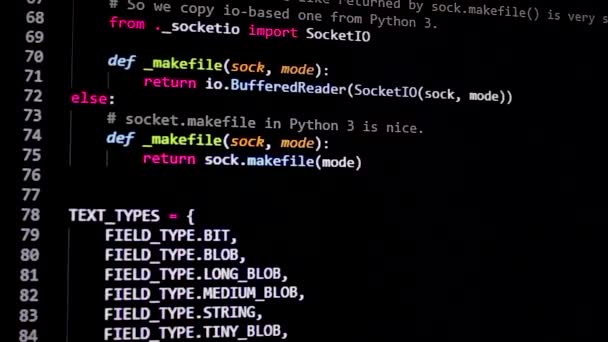 developer software php, python, java script, html source code on monitor screen. writing script of software developer. program coding. programmer editing code background. Technology background close up shot. - Footage, Video