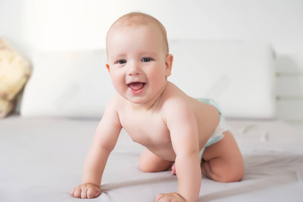 Hat hónapos fiú ül a fehér háttér - Fotó, kép
