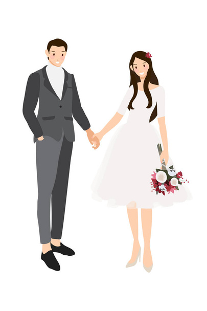 ślub para trzymając ręce w casual szary garnitur i sukienka płaski styl - Wektor, obraz
