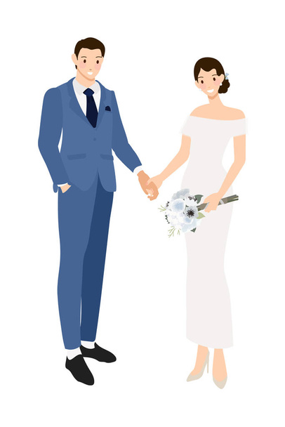 bruidspaar hand in hand formele marine blauw pak en jurk platte stijl - Vector, afbeelding