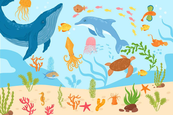 Unterwasserwelt, Vektorillustration. Tropische Meeresfische, Delfine, Tintenfische schwimmen in der Korallennatur, im Riff. Wasserschildkröte, Qualle - Vektor, Bild
