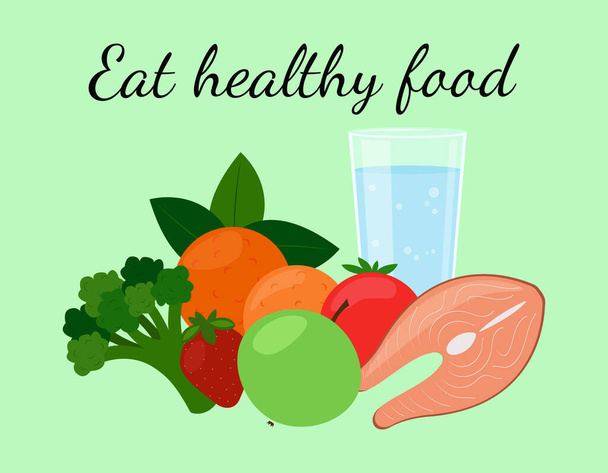 Comida saludable. Verduras, frutas y agua en vaso. Productos para una buena nutrición aislada. Ilustración vectorial. - Vector, Imagen