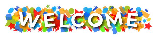 Saludo de banner vectorial "Bienvenido" con confeti multicolor sobre un fondo aislado. Banner vectorial para su diseño EPS 10 - Vector, Imagen