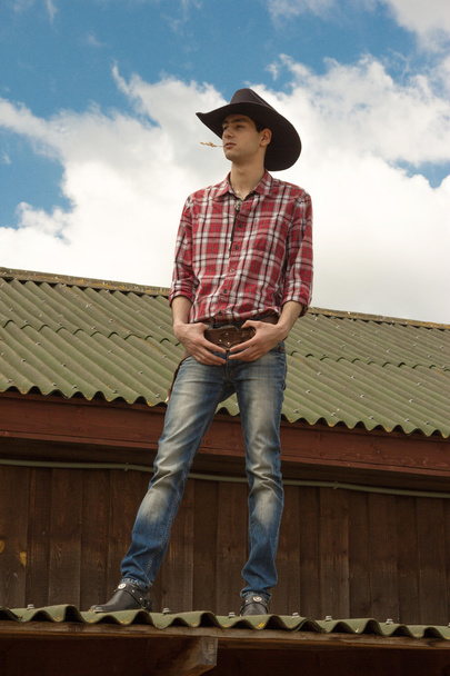 Young romantic cowboy is on the roof - Фото, изображение