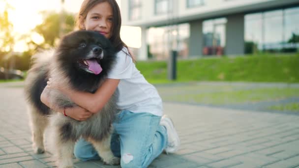 Chica morena abraza a un perro esponjoso al atardecer al aire libre. Movimiento lento - Imágenes, Vídeo