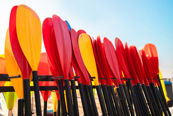 Viele bunte rot-gelbe Paddleboard-SUP-Paddel für Kajaks am Strand. Verleih von Ausrüstung für das Schwimmen im Meer oder See im Sommer - Foto, Bild