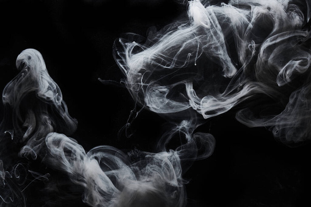 Abstract dark paint in water background. White smoke cloud motion on black, acrylic ink swirl splashes - Zdjęcie, obraz