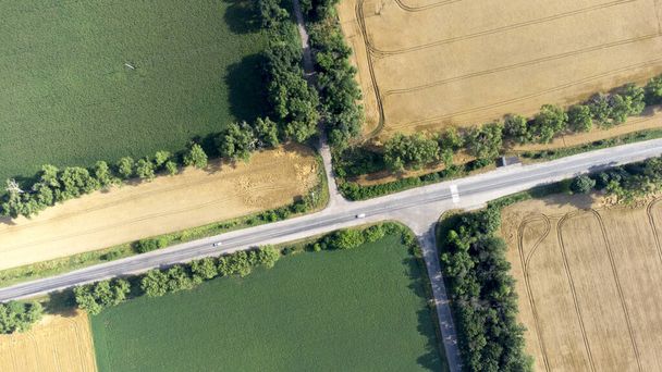 Aereo drone vista volo su una strada asfaltata tra giallo e verde - Foto, immagini