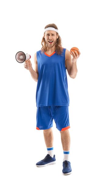 Male cheerleader with ball and megaphone on white background - Foto, immagini