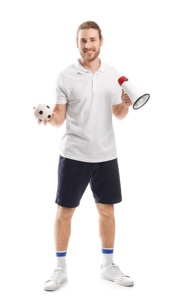 Sport fan with ball and megaphone on white background - Foto, Bild