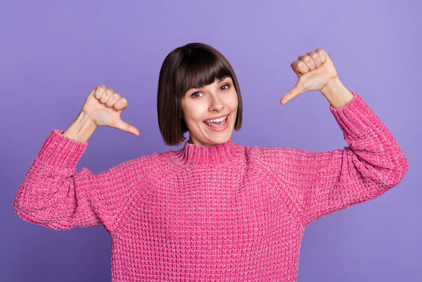 Photo of cheerful positive crazy female pointing finger herself self-recommend feedback isolated on violet color background - Valokuva, kuva