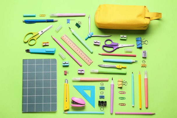 Stationery supplies on color background - Photo, Image
