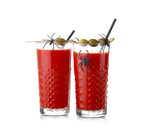 Glasses of tasty bloody Mary cocktail decorated for Halloween on white background - Photo, Image